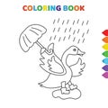 Cute cartoon goose in a rainy day coloring book for kids. black and white vector illustration for coloring book. goose in a rainy