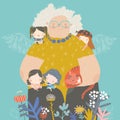 Cute cartoon grandmother hugging their grandchildren in flowers