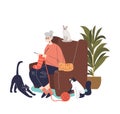 Cute cartoon grandmother knitting sit in comfortable armchair with cats around. Senior lady hobby