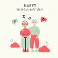 Cute cartoon grandparents on background. Happy Grandparent`s Day. Elderly couple embracing with love. Vector Illustration