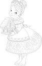 Cute cartoon granny with gingerbread house graphic sketch template. Christmas old lady vector illustration in black and white Royalty Free Stock Photo