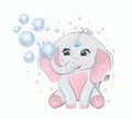 Cute cartoon gray baby elephant with pink ears blowing soap bubbles. Design element for baby shower card, invitation