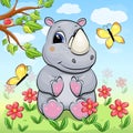 Cute cartoon gray rhinoceros in nature. Royalty Free Stock Photo