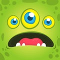 Cute cartoon green alien with three eyes. Vector Halloween monster avatar talking Royalty Free Stock Photo