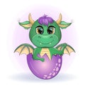 Cute cartoon green baby dragon with horns and wings. Symbol of 2024 according to the Chinese calendar. Funny mythical