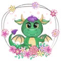 Cute cartoon green baby dragon with horns and wings. Symbol of 2024 according to the Chinese calendar. Funny mythical