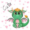 Cute cartoon green baby dragon with horns and wings. Symbol of 2024 according to the Chinese calendar. Funny mythical