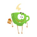 Cute cartoon green cup of tea with smiley face, funny fast food character vector Illustration Royalty Free Stock Photo