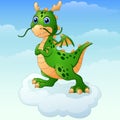 Cute cartoon green dragon posing on the cloud Royalty Free Stock Photo