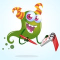 Cute cartoon green horned ghost with pen and notebook. Vector character Royalty Free Stock Photo