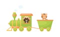 Cute cartoon green train with musk-ox driver and tiger on waggon on white background. Design for childrens book, greeting card,