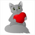 Cute cartoon grey cat holding heart.