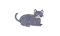 Cute cartoon grey cat sitting on white background. Playful feline character illustration