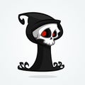 Cute cartoon grim reaper isolated on white. Cute Halloween skeleton death character icon. Outlined.