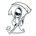 Cute cartoon grim reaper with scythe isolated on white. Coloring book. Royalty Free Stock Photo