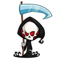 Cute cartoon grim reaper with scythe isolated on white. Cute Halloween skeleton death character