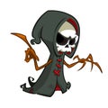 Cute cartoon grim reaper with scythe isolated on white. Cute Halloween skeleton death character icon. Royalty Free Stock Photo