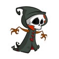 Cute cartoon grim reaper with scythe isolated on white. Cute Halloween skeleton death character icon. Royalty Free Stock Photo