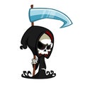 Cute cartoon grim reaper with scythe isolated on white. Cute Halloween skeleton death character icon. Royalty Free Stock Photo