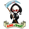Cute cartoon grim reaper with scythe isolated on white. Cute Halloween skeleton death character icon. Royalty Free Stock Photo