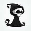 Cute cartoon grim reaper with scythe isolated on white. Cute Halloween skeleton death character icon. Outlined. Royalty Free Stock Photo