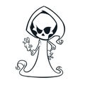 Cute cartoon grim reaper with scythe isolated on white. Cute Halloween skeleton death character outlines