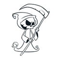 Cute cartoon grim reaper with scythe isolated on white. Cute Halloween skeleton death character outlines Royalty Free Stock Photo