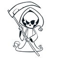 Cute cartoon grim reaper with scythe isolated on white. Cute Halloween skeleton death character outlines