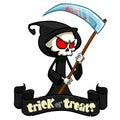 Cute cartoon grim reaper with scythe isolated on white. Vector illustration with a ribbon and title trick or treats. Royalty Free Stock Photo