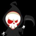 Cute cartoon grim reaper with scythe. Vector Halloween illustration.