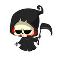 Cute cartoon grim reaper with scythe on white. Cute Halloween skeleton death character. Royalty Free Stock Photo