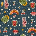 Cute cartoon groovy sticker vector seamless pattern, Hippie retro illustration Royalty Free Stock Photo