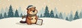 Cute cartoon groundhog with calendar in snowy pine forest winter scene Royalty Free Stock Photo