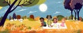 Cute cartoon group of kids having picnic in the park in sunny day Autumn, Children sitting on blanket and eating food for their