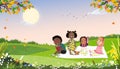 Cute cartoon group of kids having picnic in the park in sunny day spring or summer, Children sitting on blanket and eating