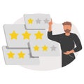 A cute cartoon guy and rating cards. Choosing the right tariff plan, pricing table, evaluating, and Royalty Free Stock Photo