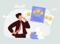 A cute cartoon guy and rating cards. Choosing the right tariff plan, pricing table, evaluating, and determining the best Royalty Free Stock Photo