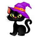 Cute cartoon halloween black cat in hat Royalty Free Stock Photo