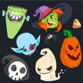 Cute cartoon Halloween characters icon set. Monster, witch, vampire, pumpkin head, death and cute ghost Royalty Free Stock Photo