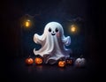 Cute cartoon Halloween ghost dark background