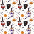 Cartoon Halloween gnome characters seamless pattern. Vampire, witch, pumpkin lanterns, bats, stars