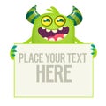 Cute cartoon Halloween monster holding a large sign with sample text