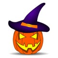 Cute Cartoon Halloween Pumpkin with Violet Witch Hat, isolated on white background for your Design, Game, Card. Royalty Free Stock Photo