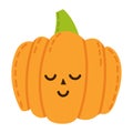 Cute cartoon halloween pumpkin. Orange vegetable with closed eyes and smile. Green tail. Best for october day design. Vector