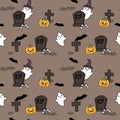 Cute cartoon halloween seamless vector pattern background illustration with graves,ghost, pumpkin, bats and bones Royalty Free Stock Photo