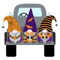 Cute cartoon Halloween vector gnomes in black pickup truck with potion, bottle with eyes, sweet candies on white background