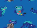 Cute cartoon hammerhead sharks. Blue vector underwater seamless pattern in vector