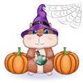 Cute cartoon hamster wearing wizard hat with broom and pumpkins, halloween holiday character