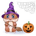 Cute cartoon hamster wearing wizard hat with broom and pumpkins, halloween holiday character