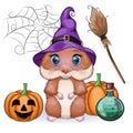 Cute cartoon hamster wearing wizard hat with broom and pumpkins, halloween holiday character